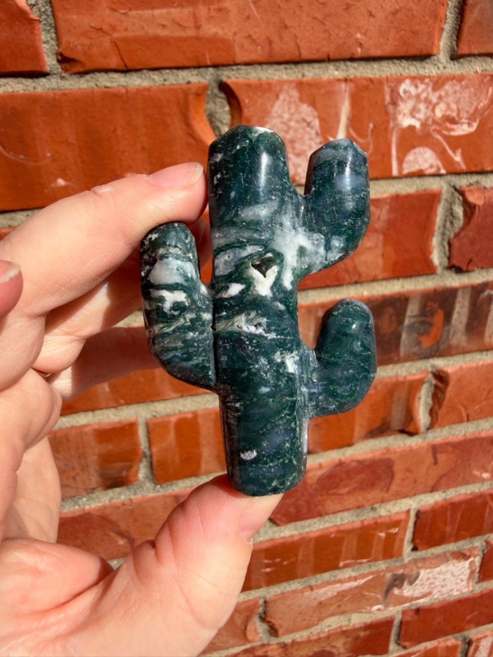 Dark Green Moss Agate Cactus Stone Figurine